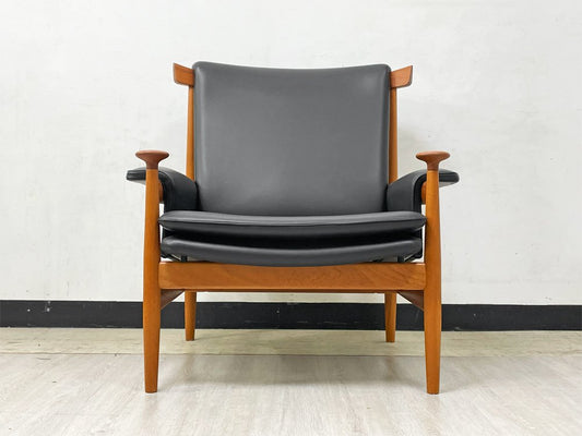 フランス＆サン France & Son ブワナチェア Bwana Chair ラウンジチェア チーク材 本革 ブラック フィン・ユール Finn Juhl デンマークビンテージ 北欧家具 美品 ●