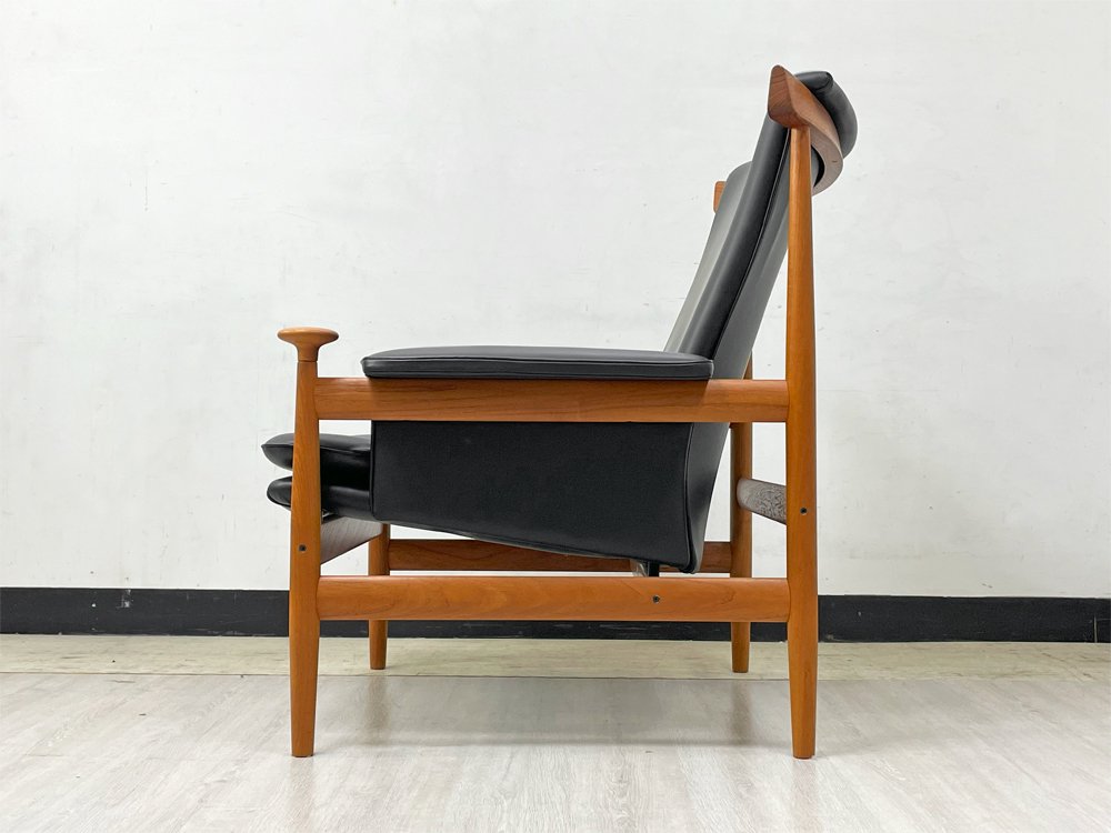 フランス＆サン France & Son ブワナチェア Bwana Chair ラウンジチェア チーク材 本革 ブラック フィン・ユール Finn Juhl デンマークビンテージ 北欧家具 美品 ●