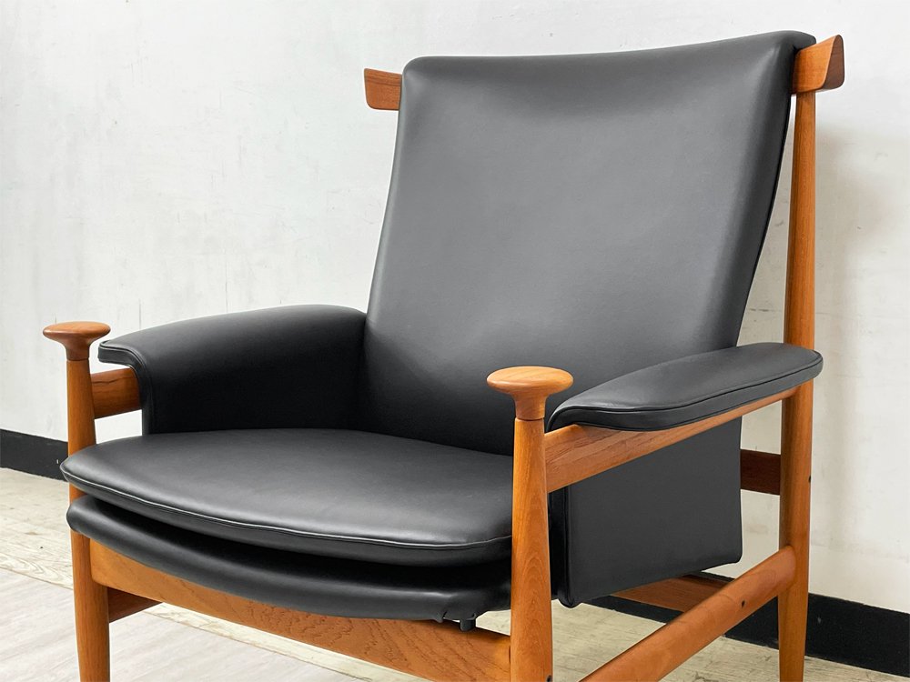 フランス＆サン France & Son ブワナチェア Bwana Chair ラウンジチェア チーク材 本革 ブラック フィン・ユール Finn Juhl デンマークビンテージ 北欧家具 美品 ●