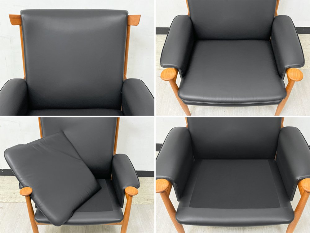 フランス＆サン France & Son ブワナチェア Bwana Chair ラウンジチェア チーク材 本革 ブラック フィン・ユール Finn Juhl デンマークビンテージ 北欧家具 美品 ●