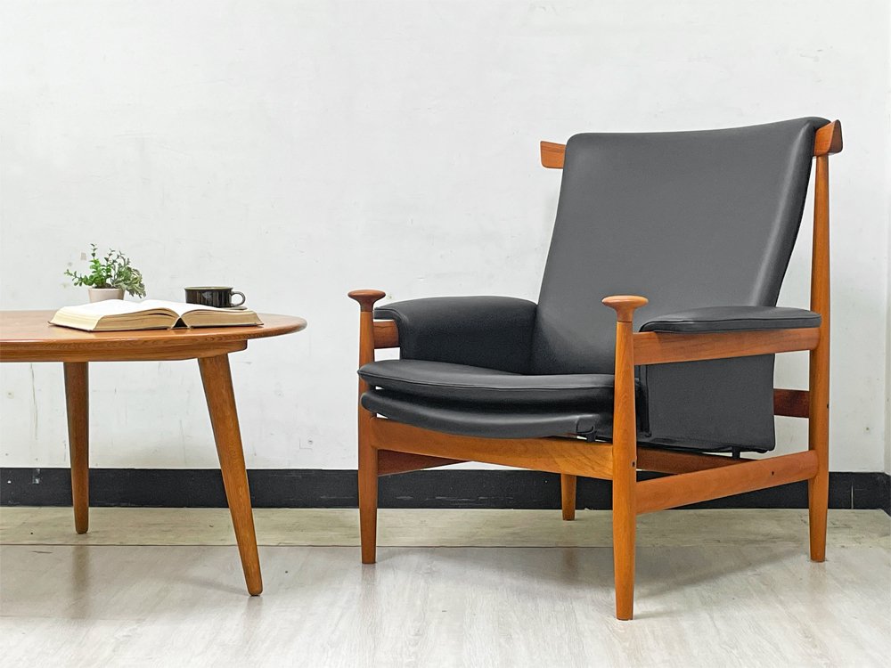 フランス＆サン France & Son ブワナチェア Bwana Chair ラウンジチェア チーク材 本革 ブラック フィン・ユール Finn Juhl デンマークビンテージ 北欧家具 美品 ●