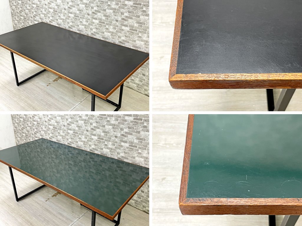 リメイク家具 メラミン リバーシブル天板 × ビスレー BISLEY Lフット ワークデスク W180×D90cm ダークグリーン&ブラック インダストリアル ●