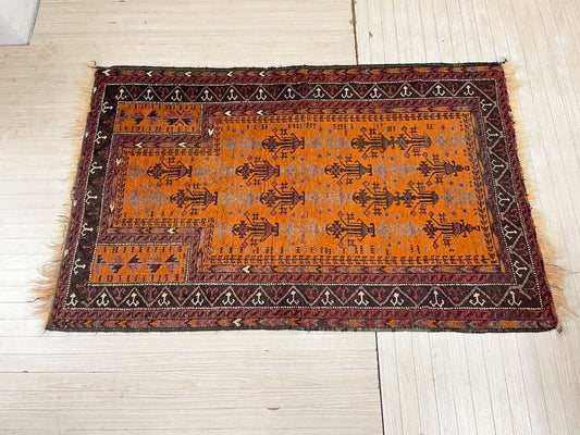 ビンテージ Vintage トライバルラグ バルーチ Bharuch ラグ 絨毯 オレンジ系 イラン アフガニスタン 手織り 幾何学模様 146×93cm ★