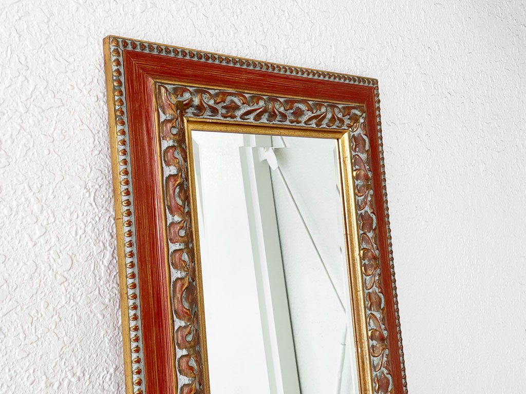 ヨーロピアンクラシカル European Classical ウォールミラー 壁掛け 鏡 レッド × ゴールド エレガント 店舗什器 49×148cm ◇