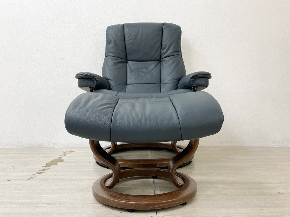 エコーネス EKORNES ストレスレス stressless メイフェア Mayfair クラシック リクライニングチェア オットマン付 牛革 Mサイズ 参考定価￥356,400- 美品 ●