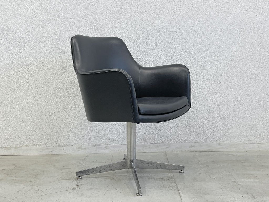 ビンテージ レザー アームチェア ブラック Leather Arm chair アルミベース 4本脚 グライズ 〓