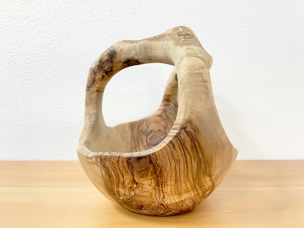 オリーブウッド Olive Wood 無垢材削り出し フルーツボウル ハンドル付き ●