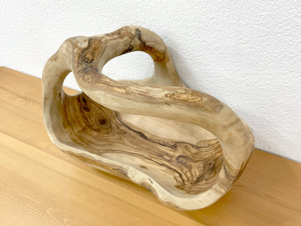 オリーブウッド Olive Wood 無垢材削り出し フルーツボウル ハンドル付き ●