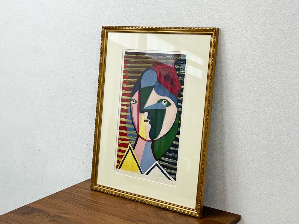 パブロ・ピカソ Pablo Ruiz Picasso 縞模様の女の顔 手刷りリトグラフ 石版画 65×84cm 額装品 500部限定 409/500 シュールレアリスム キュビズム ●