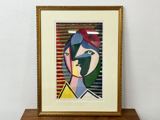 パブロ・ピカソ Pablo Ruiz Picasso 縞模様の女の顔 手刷りリトグラフ 石版画 65×84cm 額装品 500部限定 409/500 シュールレアリスム キュビズム ●