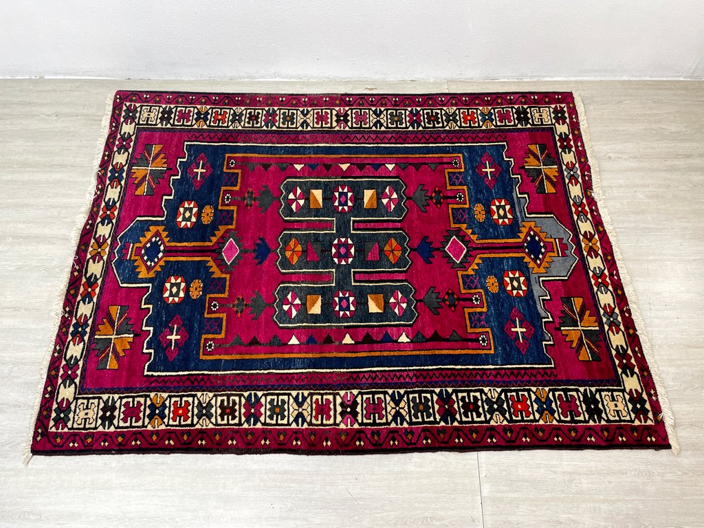 イラン バクティアリ族 トライバル ラグ ギャッベ 絨毯 ウール 210×153cm 幾何学 レッドパープル ペルシャ絨毯 ビンテージ ●