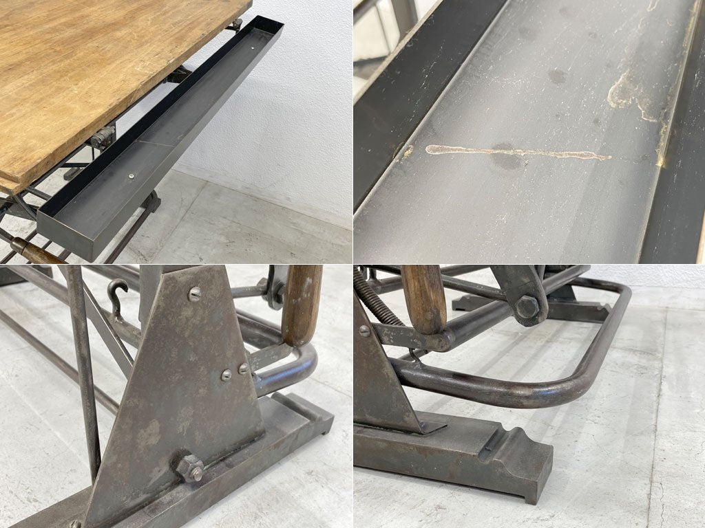 ビンテージ インダストリアル ドラフティングテーブル drafting table 製図台 木製天板デスク 什器 鋳鉄脚 〓