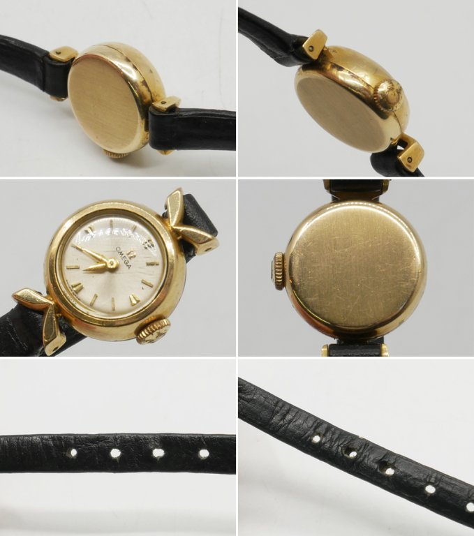 オメガ OMEGA 手巻き 腕時計 レディース 双葉ラグ 金メッキ オリジナル尾錠 ケース付き 1950-60年代 ビンテージ ●
