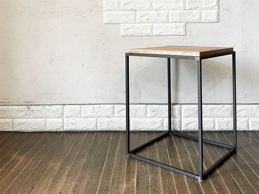 イデー IDEE フレイム FRAME SIDE TABLE サイドテーブル ホワイトオークトップ スチールフレーム 黒皮仕上げ W40cm インダストリアル 定価￥54,500- ◎