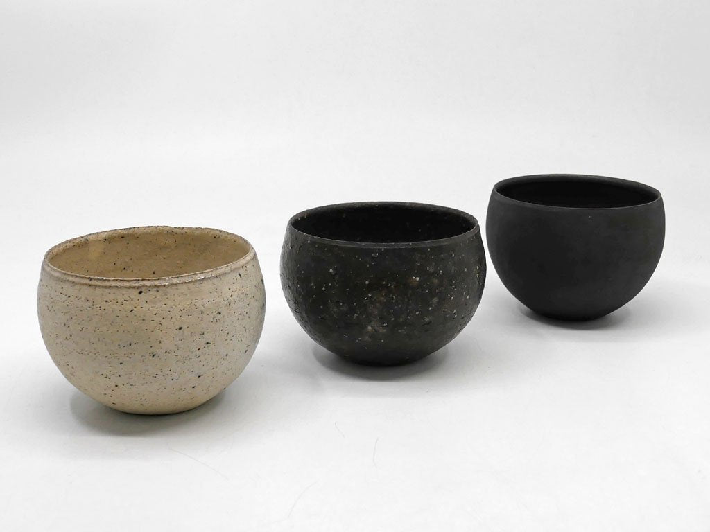 遠藤岳 Takashi Endo ラウンド カップ ボウル Round cup Φ7.5cm White & Black & New Black 3点セット 陶器 現代作家 ●