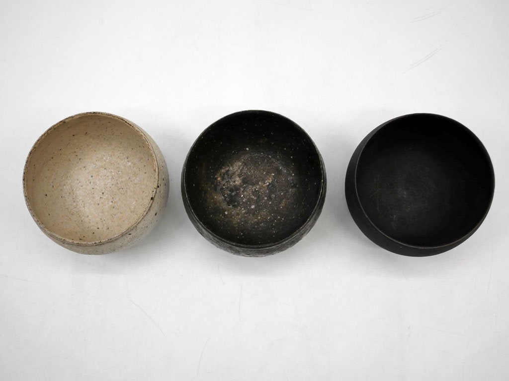 遠藤岳 Takashi Endo ラウンド カップ ボウル Round cup Φ7.5cm White & Black & New Black 3点セット 陶器 現代作家 ●