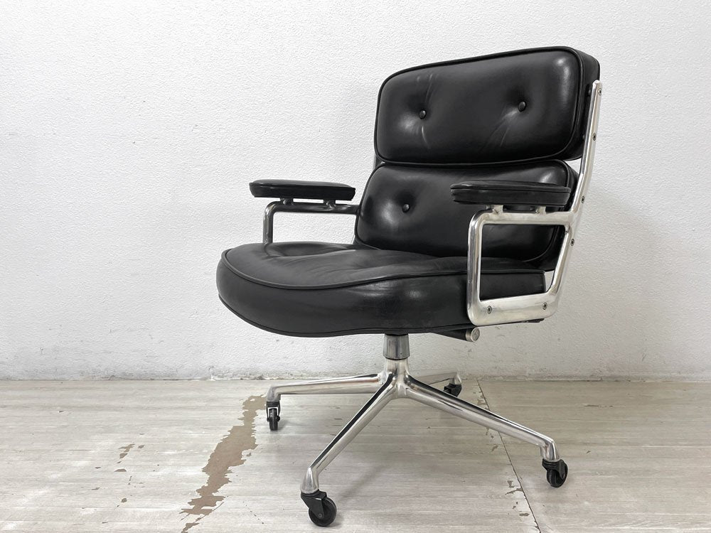 ハーマンミラー Herman Miller タイムライフチェア Time life chair イームズエグゼクティブチェア ブラックレザー 本革 4本脚キャスターベース ビンテージ ●