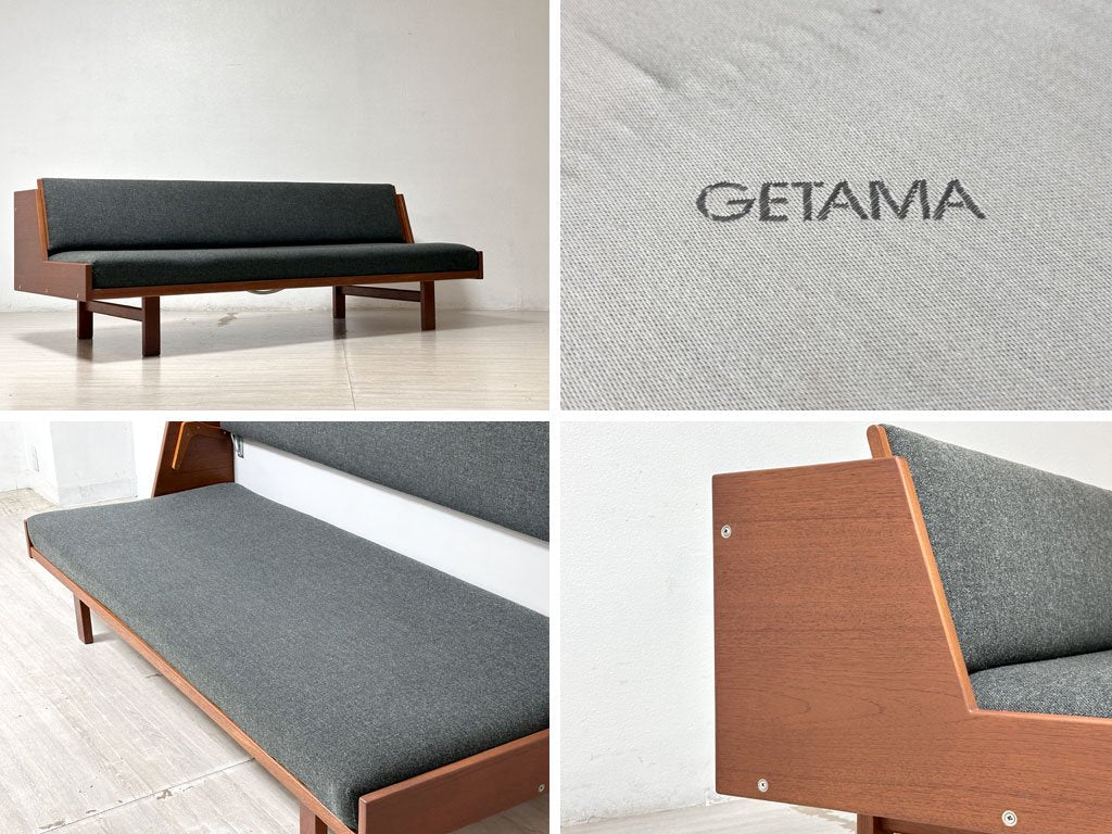 ゲタマ GETAMA GE258 デイベッド 3シーターソファ チーク材 角脚 スプリングクッション グレーファブリック ホワイト色背面 ビンテージ ハンス・J・ウェグナー デンマーク 北欧家具 ●