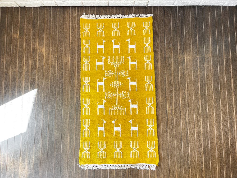 チュニジア製 キリム ラグ 絨毯 58×113cm イエロー ガゼル柄 手織り アフリカ ◎