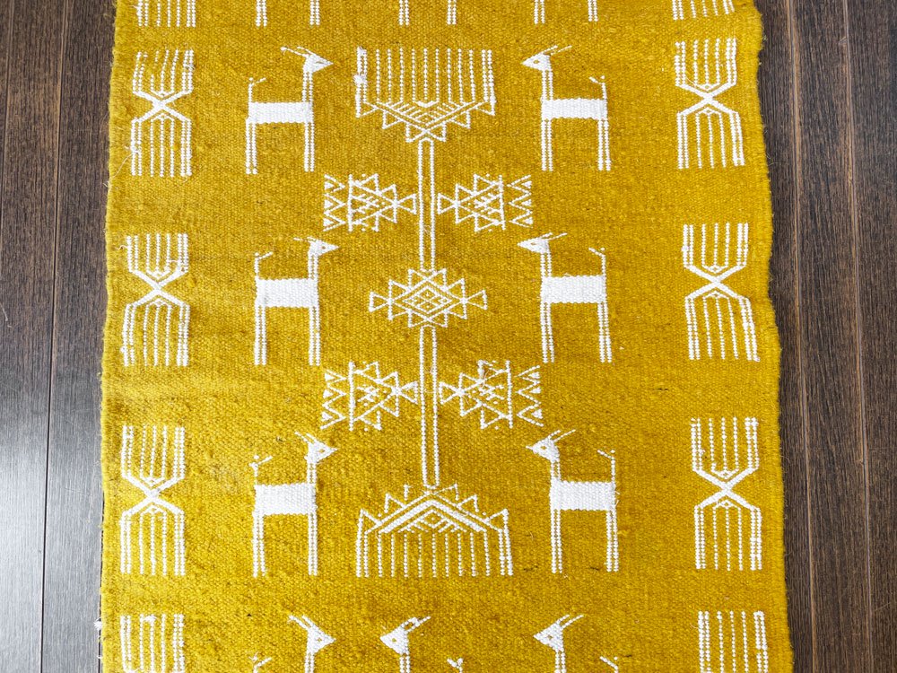 チュニジア製 キリム ラグ 絨毯 58×113cm イエロー ガゼル柄 手織り アフリカ ◎