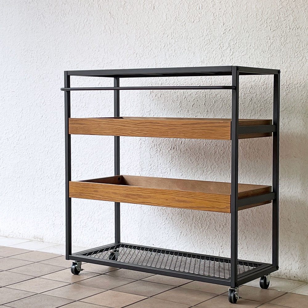 ジャーナルスタンダードファニチャー journal standard Furniture j.s.F サンク ワゴンラック SENS WAGON RACK 4段 スチール オーク材トレイ シェルフ キャスター付 W85cm 工業系 定価￥41,800- ◇