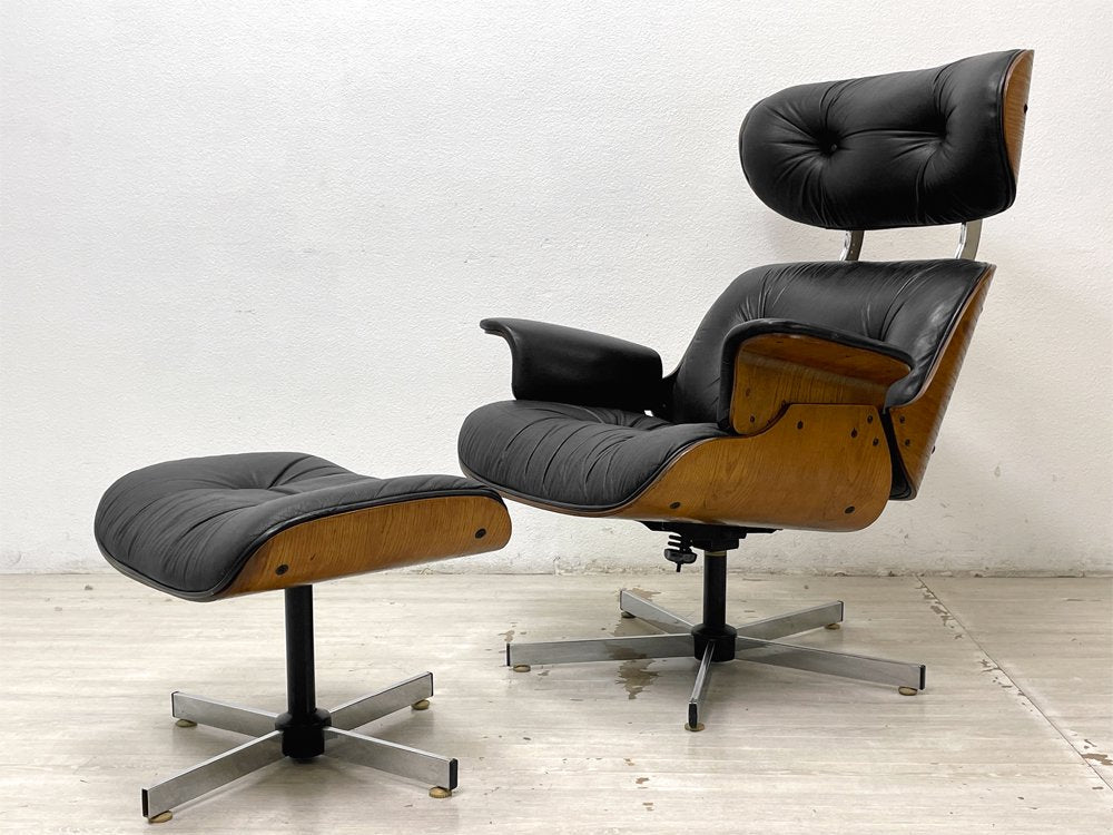 チャールズ＆レイ・イームズ C&R Eames スタイル ビンテージ ラウンジチェア & オットマン付き 本革 ミッドセンチュリーデザイン ●