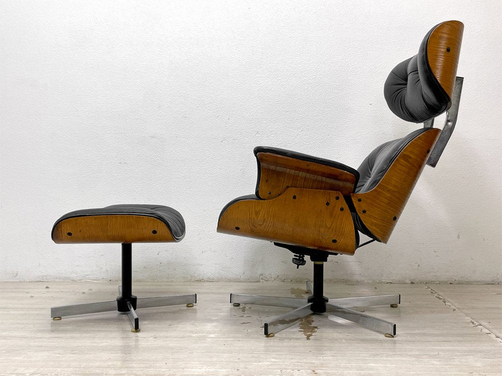 チャールズ＆レイ・イームズ C&R Eames スタイル ビンテージ ラウンジチェア & オットマン付き 本革 ミッドセンチュリーデザイン ●