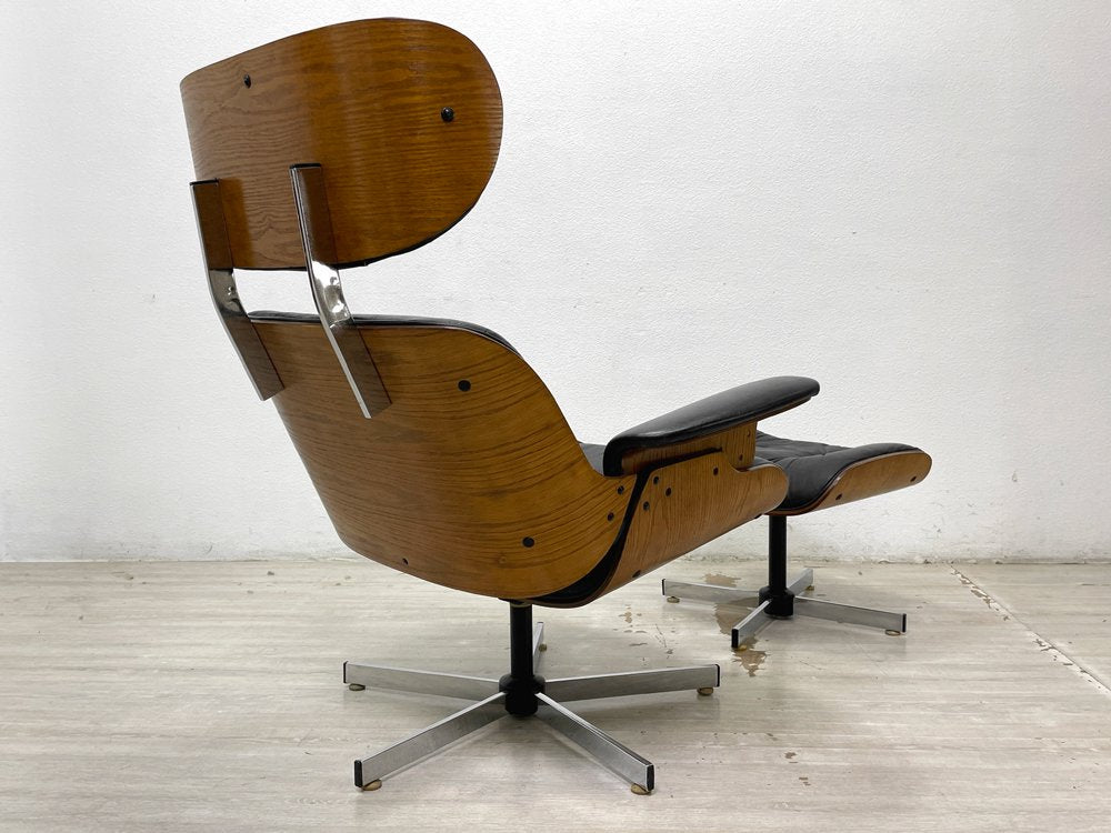 チャールズ＆レイ・イームズ C&R Eames スタイル ビンテージ ラウンジチェア & オットマン付き 本革 ミッドセンチュリーデザイン ●