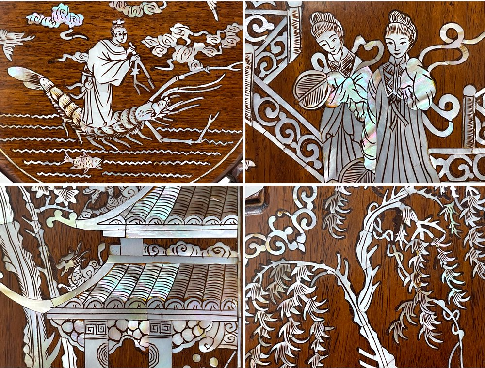 中国家具 唐木 衝立 パーテーション 間仕切り 3枚 螺鈿 花鳥 竹 透かし彫り ビンテージ 中国美術 ●