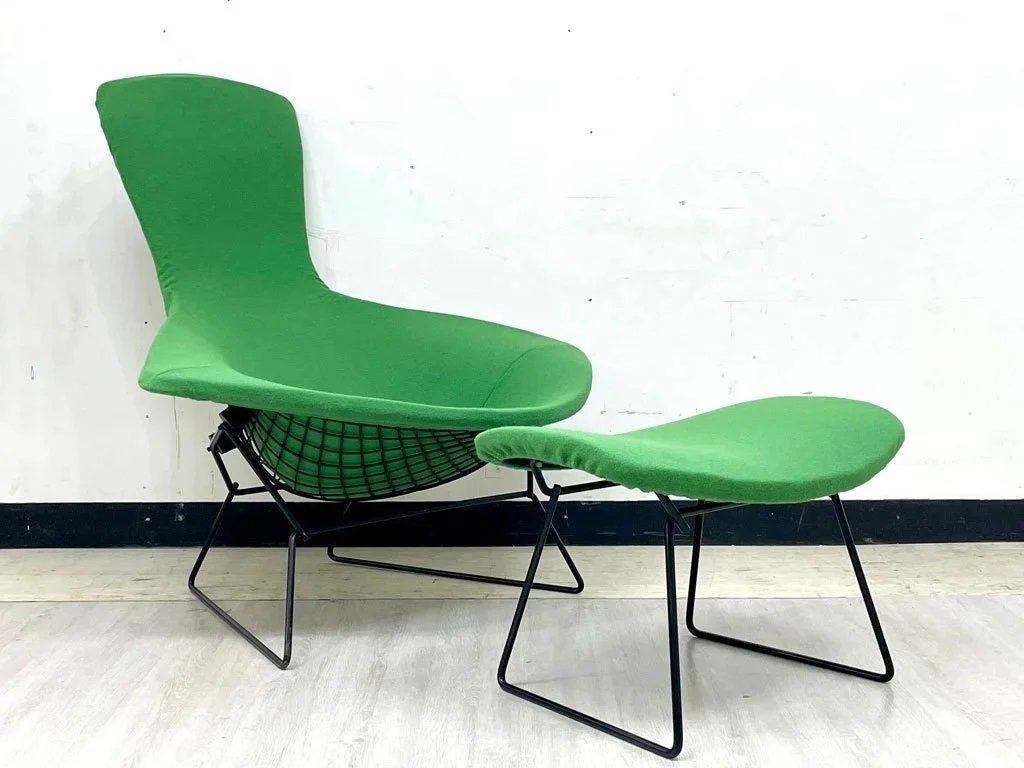 ノル ノール Knoll バードチェア ハイバックアームチェア ラウンジチェア オットマン付 ハリーベルトイア ミッドセンチュリー グリーン Kvadrat tonus3 新品張替済 ビンテージ ●