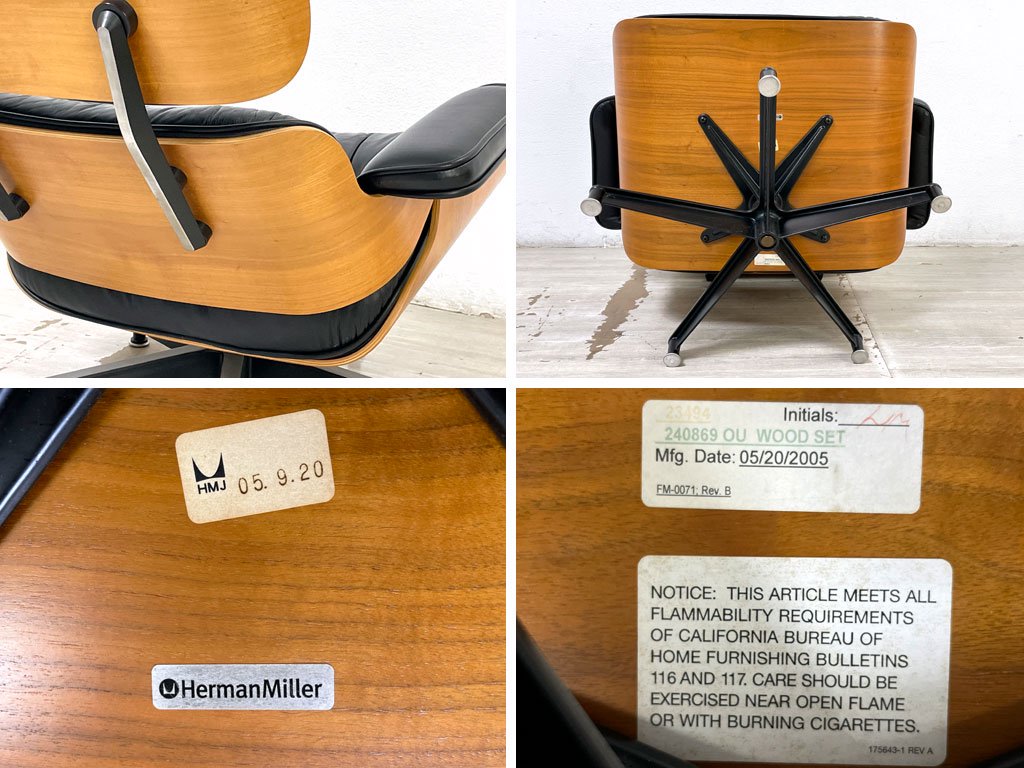 ハーマンミラー Herman Miller イームズラウンジチェア＆オットマン ブラックレザー ウォールナット C&Rイームズ ミッドセンチュリー ●