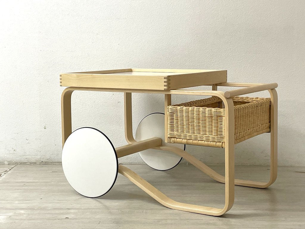 アルテック artek ティートロリー900 TEA TROLLEY 900 セラミックタイル ホワイト バスケット付き バーチ材 アルヴァ・アアルト 2023年製 美品 北欧家具 ●