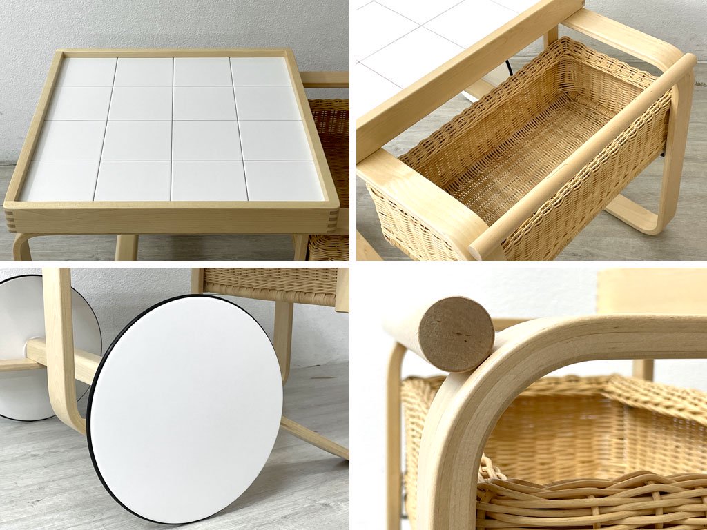 アルテック artek ティートロリー900 TEA TROLLEY 900 セラミックタイル ホワイト バスケット付き バーチ材 アルヴァ・アアルト 2023年製 美品 北欧家具 ●