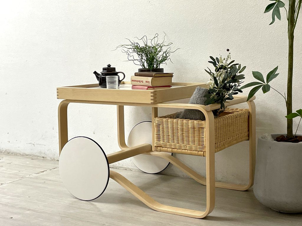 アルテック artek ティートロリー900 TEA TROLLEY 900 セラミックタイル ホワイト バスケット付き バーチ材 アルヴァ・アアルト 2023年製 美品 北欧家具 ●