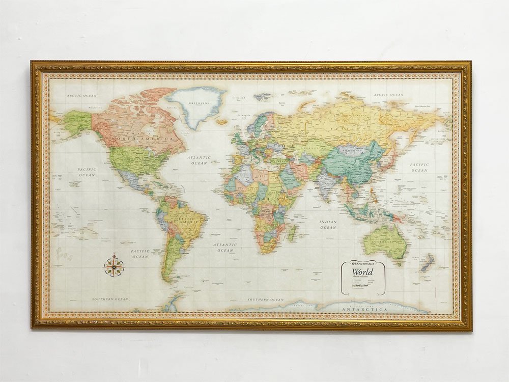 ランドマクナリー Rand McNally ワールドマップ ポスター 世界地図 金彩額装品 132×81cm 大型 US地図専門出版メーカー品 ●