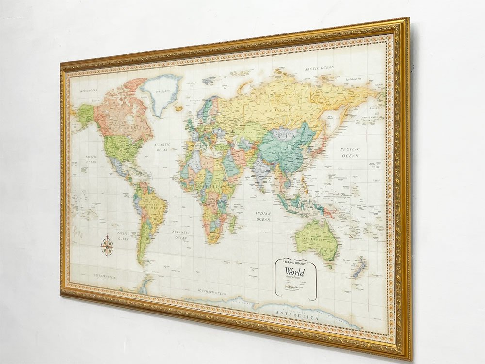 ランドマクナリー Rand McNally ワールドマップ ポスター 世界地図 金彩額装品 132×81cm 大型 US地図専門出版メーカー品 ●