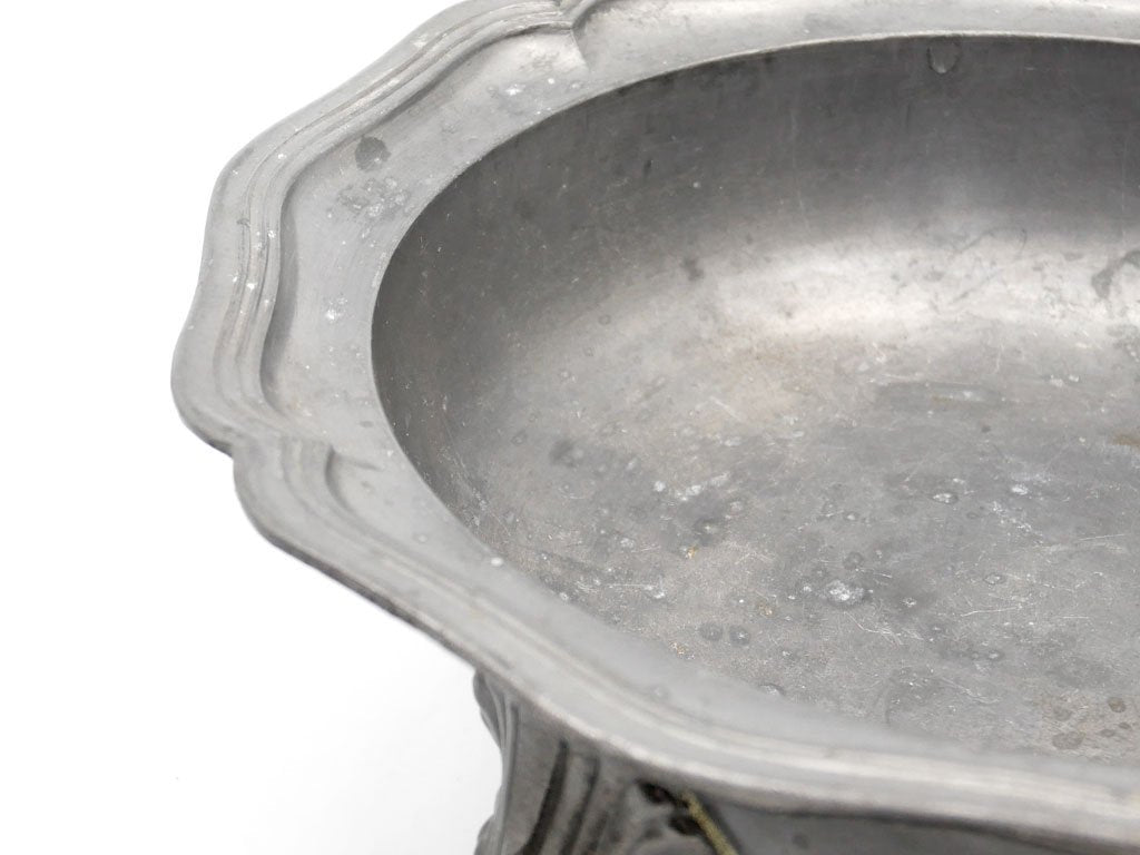 ヨーロピアンビンテージ European Vintage ピューター ボウル Pewter Bowl 花リム 天使の刻印 プレート トレイ 花器 アンティーク ブロカント ●