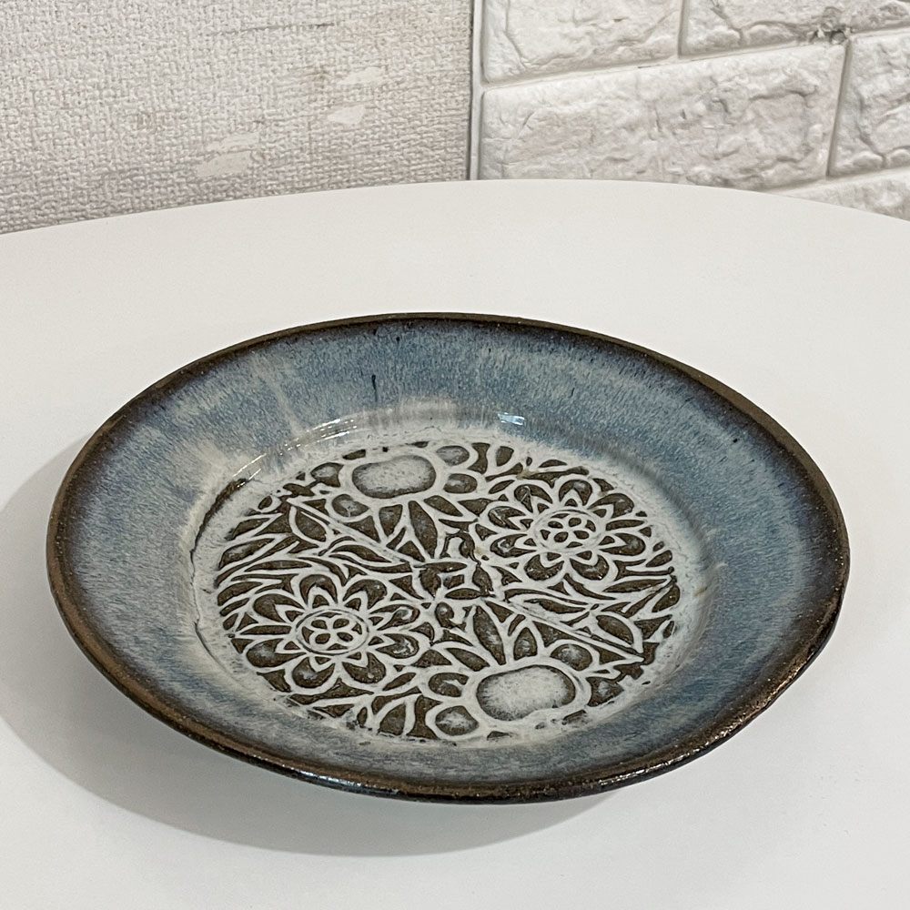 小代焼瑞穂窯 福田るい リム皿 プレート 花彫 直径23cm 現代作家 ◎
