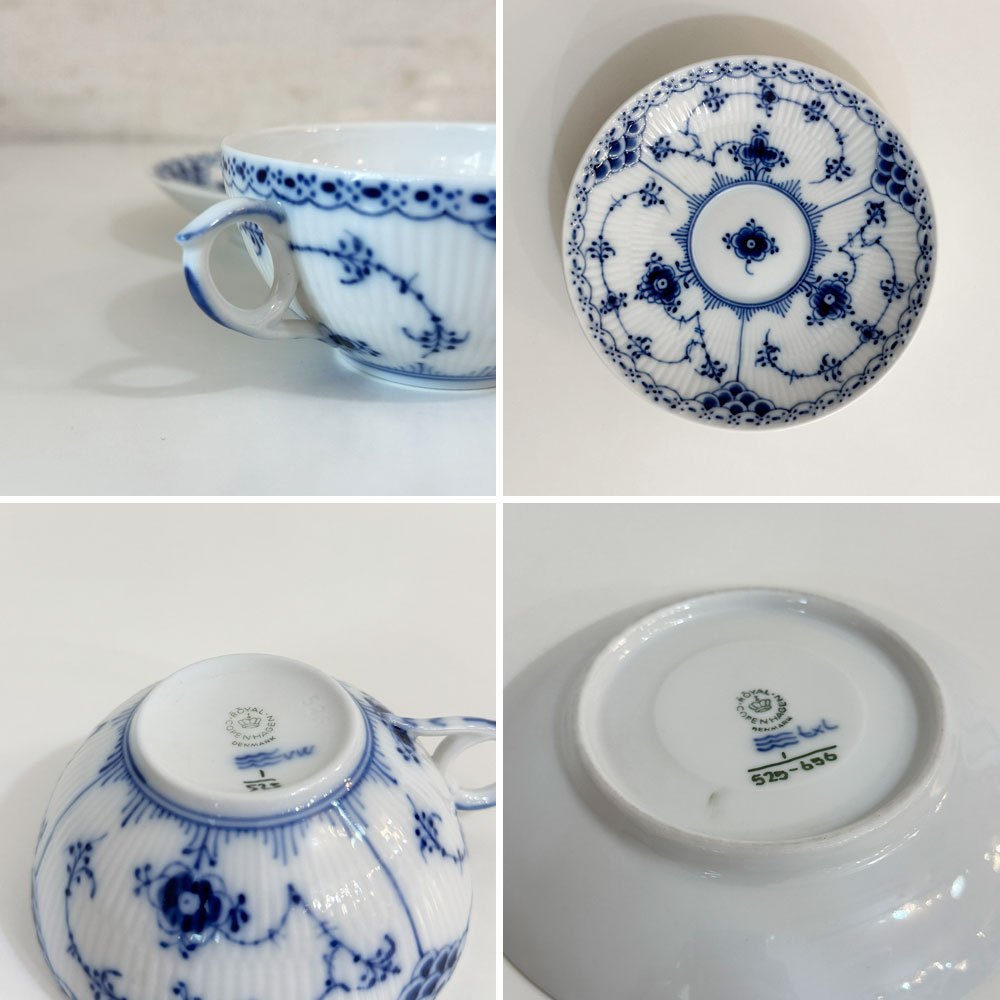 ロイヤルコペンハーゲン ROYAL COPENHAGEN ブルーフルーテッド ハーフレース ティーカップ＆ソーサー 北欧食器 Ｄ ◎