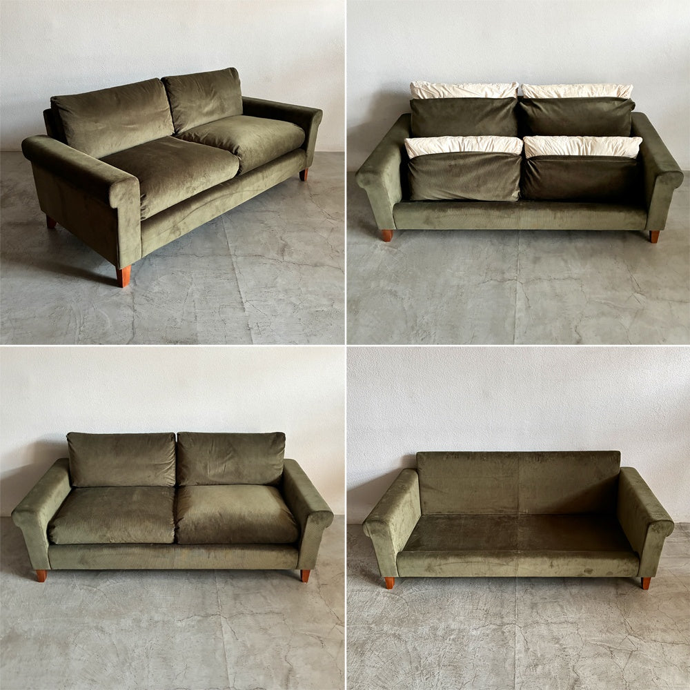 トラックファニチャー TRUCK FURNITURE FK ソファ 3シーター W204cm フェザークッション ウォールナット無垢材 × 張地張替済 参考価格約55万円の品 〓