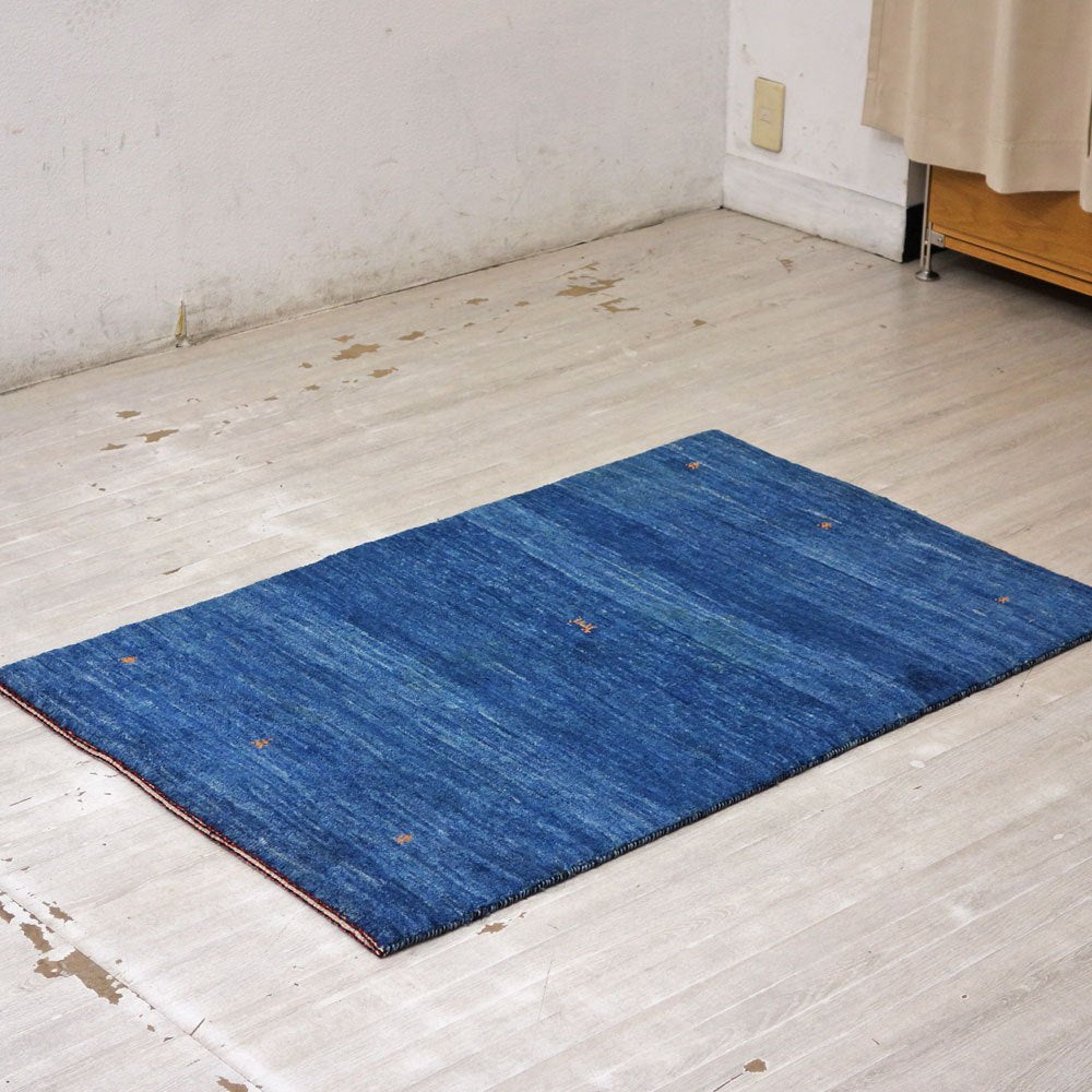 イラン 手織り ギャッベ gabbeh 絨毯 ラグ カーペット ブルー 120×76cm 鹿モチーフ ●