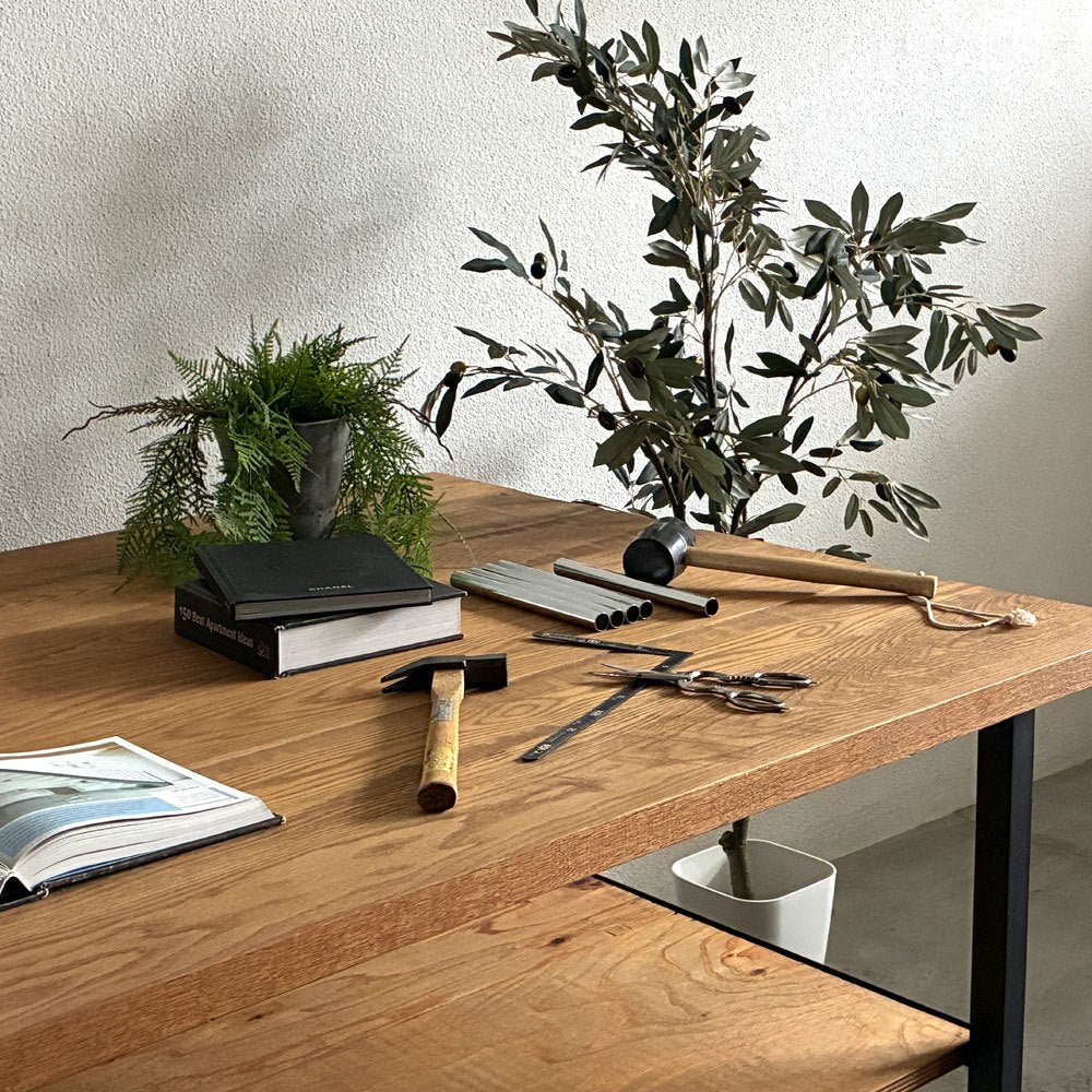 スクエアファニチャー SQUARE FURNITURE オーク 無垢材 ワーキングテーブル 作業台 W180cm スチール脚 シェルフ付き インダストリアル 店舗什器 A 〓