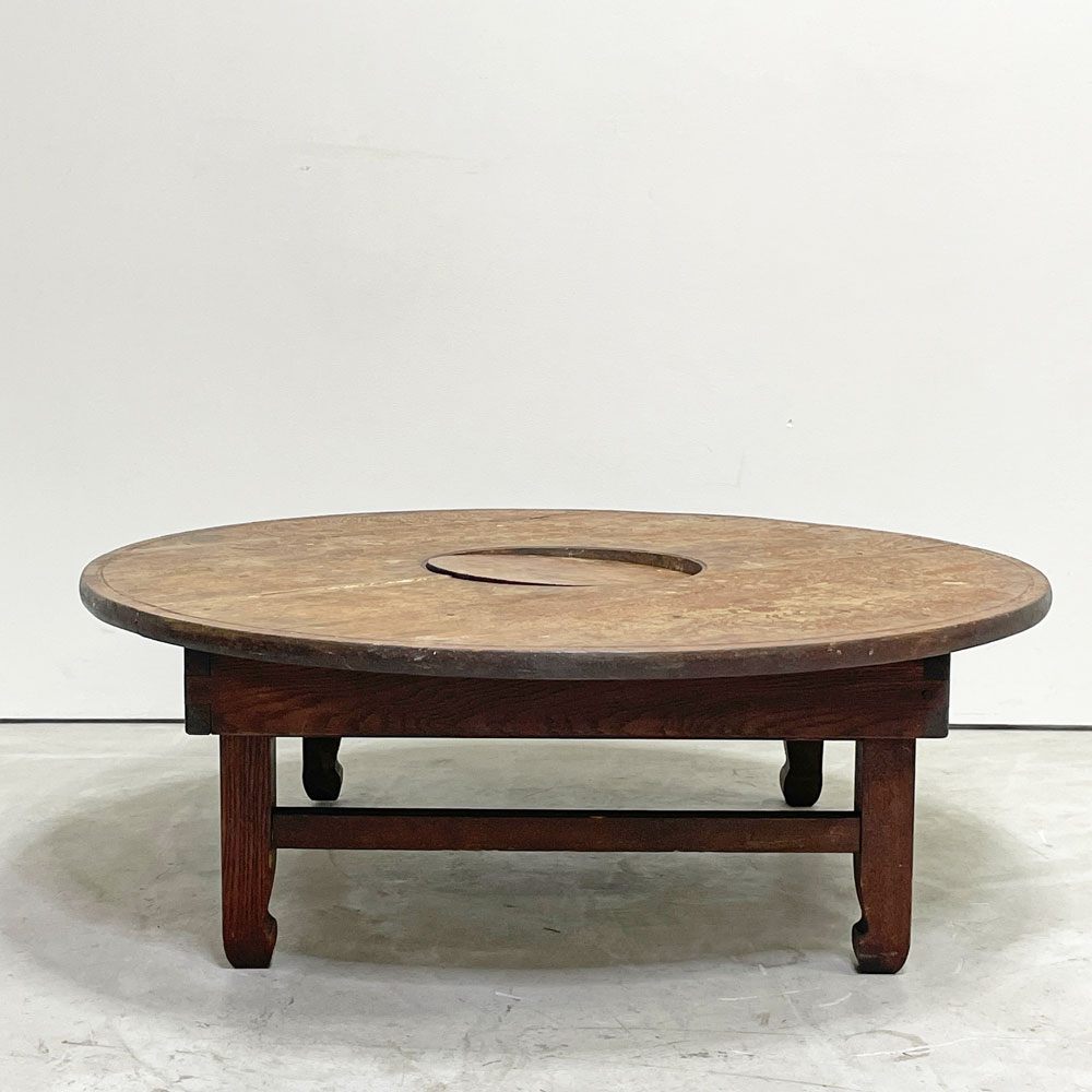 ジャパンビンテージ Japan Vintage 古い木味のちゃぶ台 丸型 折りたたみ 円卓 座卓 中央天板取り外し可能 日本古家具 昭和レトロ ●