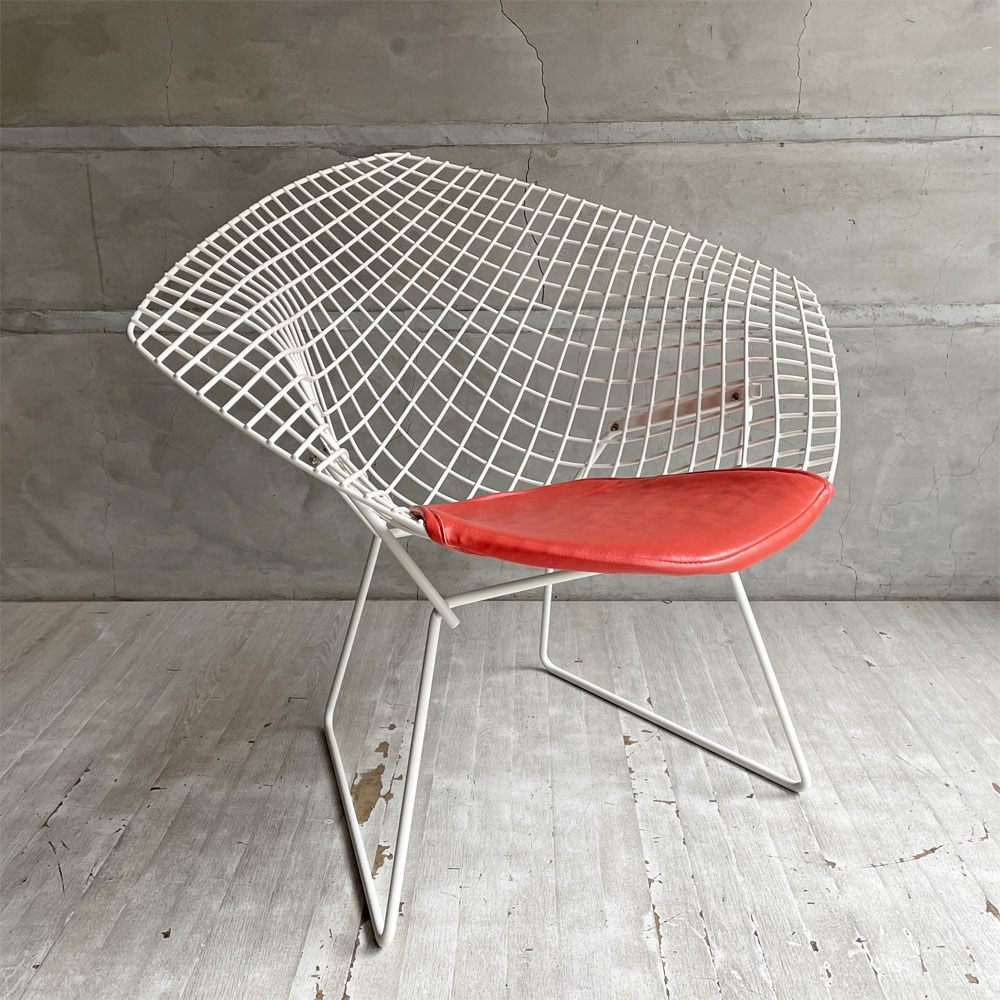 ノル Knoll ビンテージ ダイヤモンドチェア Diamond Chair ハリー・ベルトイア Harry Bertoia ホワイトフレーム シートパッド付 ミッドセンチュリー ♪