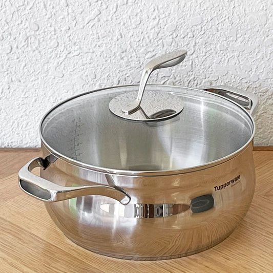 タッパーウェア Tupperware マストロクックウェア 深鍋 両手鍋 28cm ステンレス多層構造 ガラス蓋付 ◇