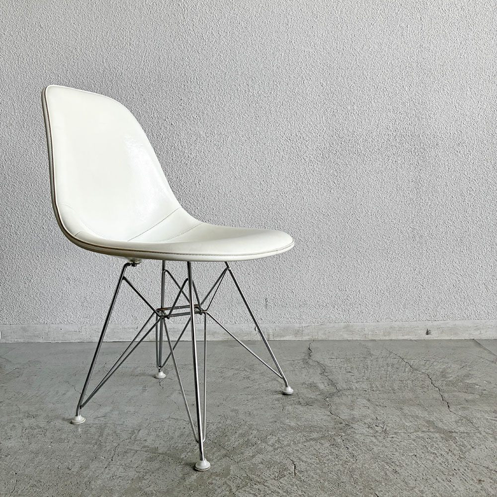 ハーマンミラー Herman Miller サイドシェルチェア FRP製 3rdビンテージ パーチメントシェル PVCレザー ホワイト系 エッフェルベース ロータイプ C&R イームズ ミッドセンチュリー 〓