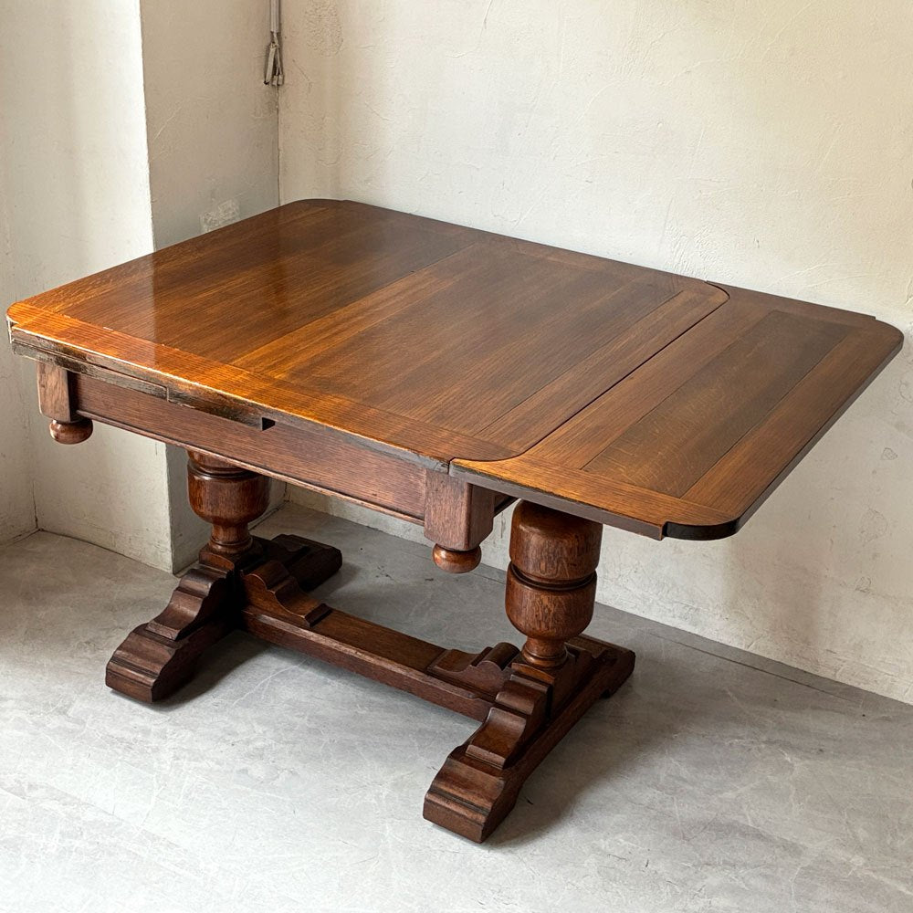 UKビンテージ Vintage ドローリーフテーブル 伸長式 オーク材 ビッグバルボスレッグ 英国家具 アンティーク ★