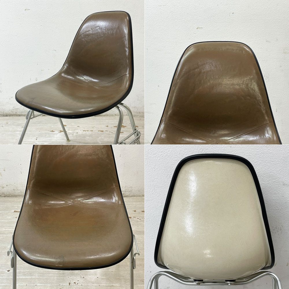 ハーマンミラー Herman Miller モダンファニチャーセールス ビンテージ サイドシェルチェア 3rd FRP アプホルスター レザー スタッキングベース イームズ ●