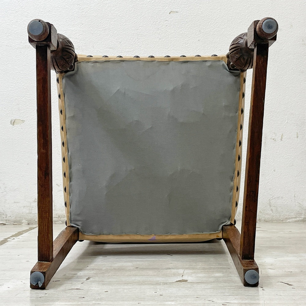 UKビンテージ Vintage ダイニングチェア オーク材 PVCレザーシート 鋲打ち バルボスレッグ 英国家具 英国アンティーク A ●