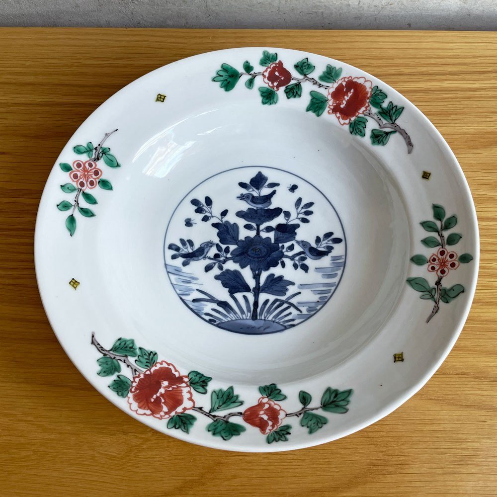 坂場圭十 色絵花柄 大鉢 直径約23.5cm 磁器 白磁 牡丹絵 現代作家 ♪